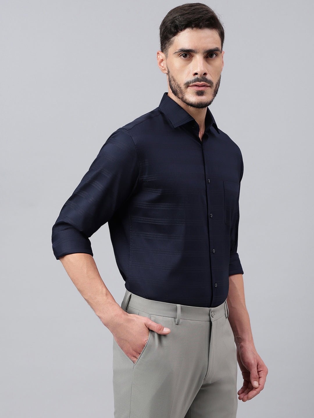 Men Navy Standard Fit Stripped Club Wear Shirt