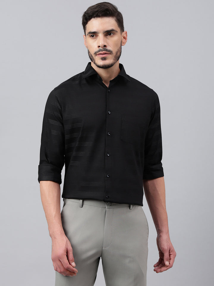 Men Black Solid Stripped Club Wear Shirt