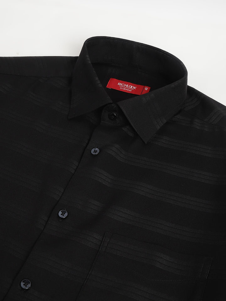 Men Black Solid Stripped Club Wear Shirt