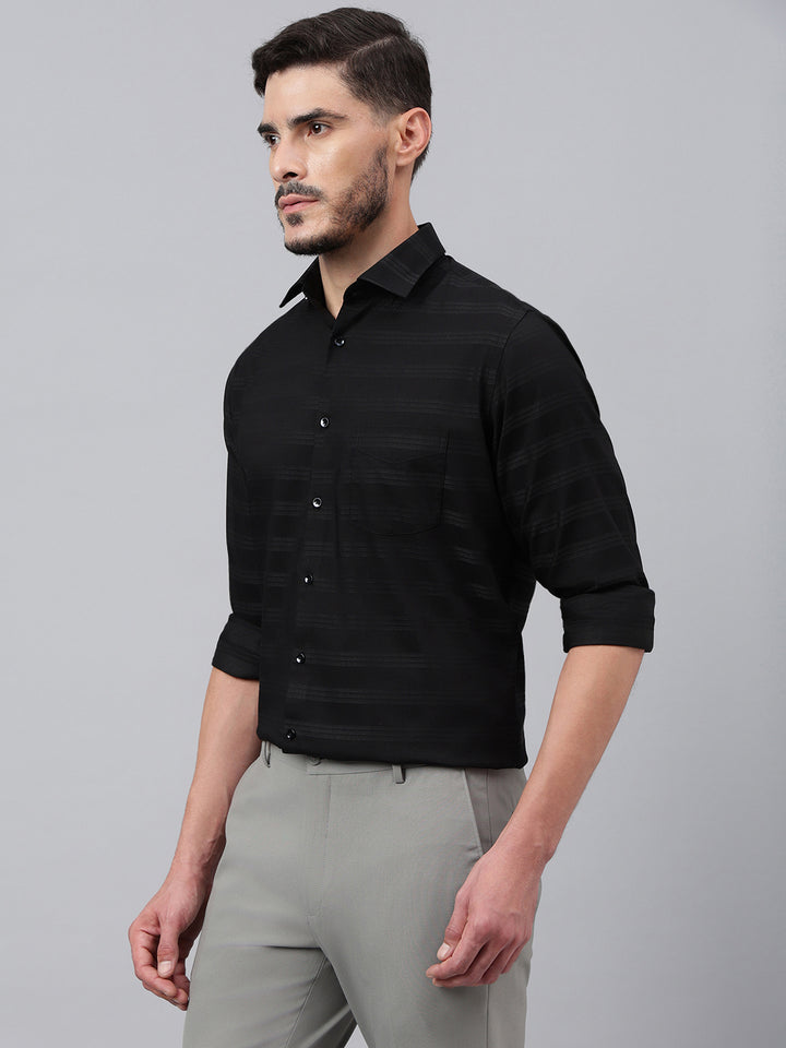 Men Black Solid Stripped Club Wear Shirt