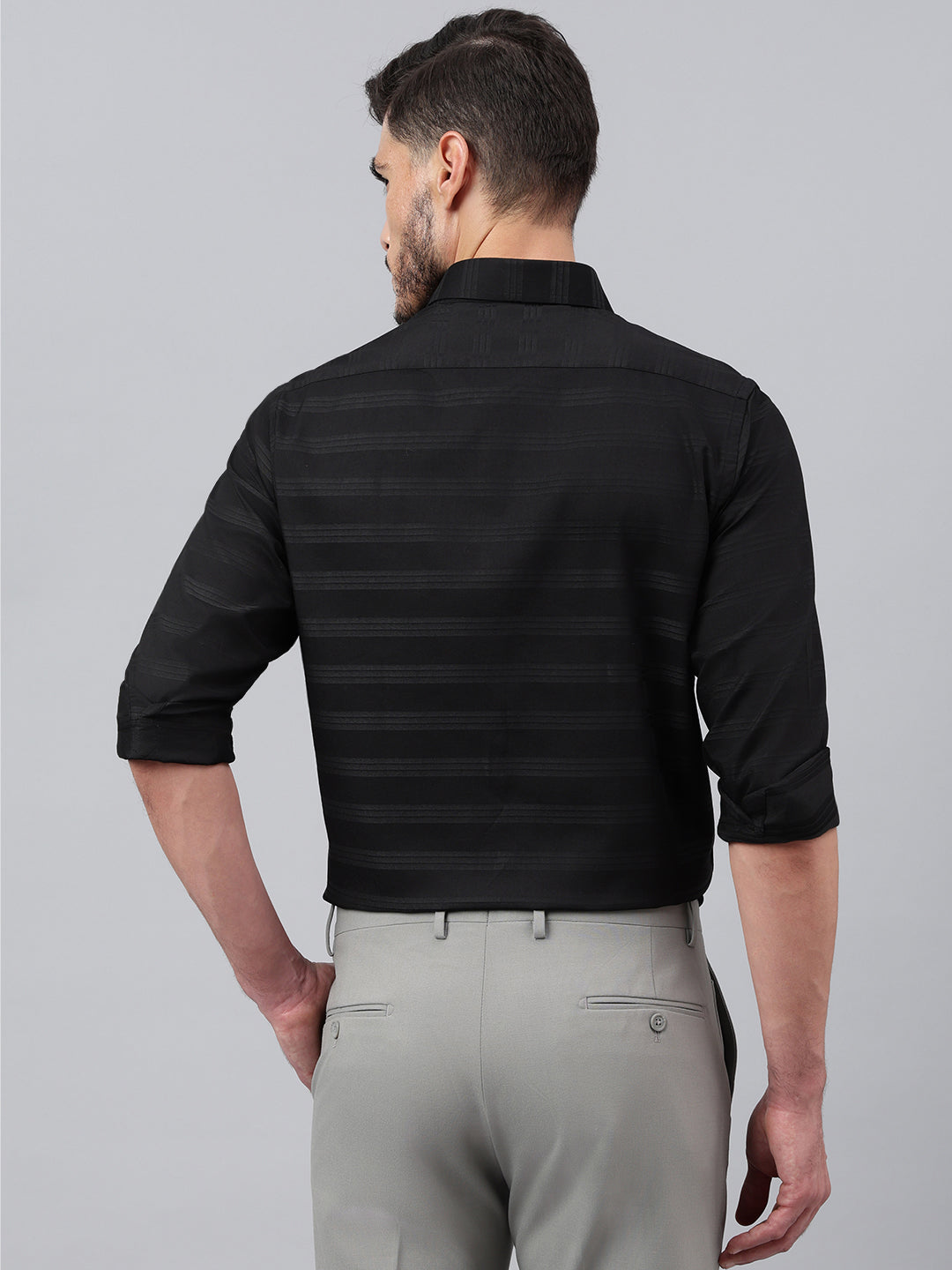 Men Black Solid Stripped Club Wear Shirt