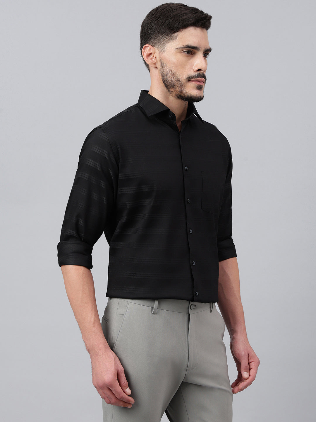 Men Black Solid Stripped Club Wear Shirt