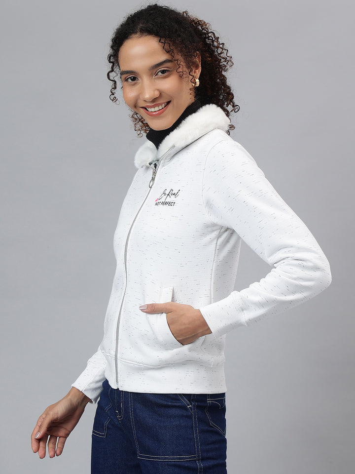 Richlook Women White Full Zipper Sweatshirt