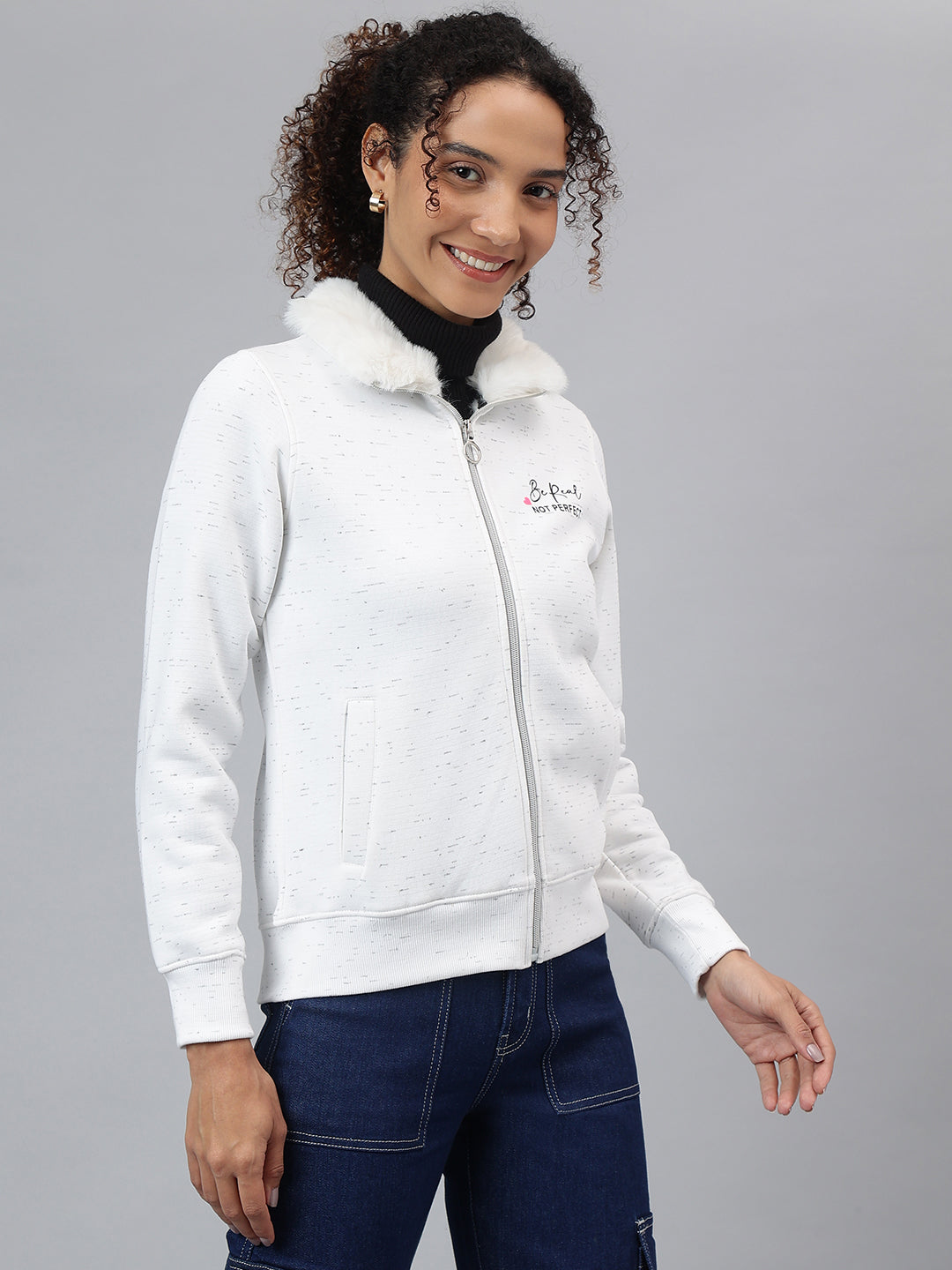 Richlook Women White Full Zipper Sweatshirt