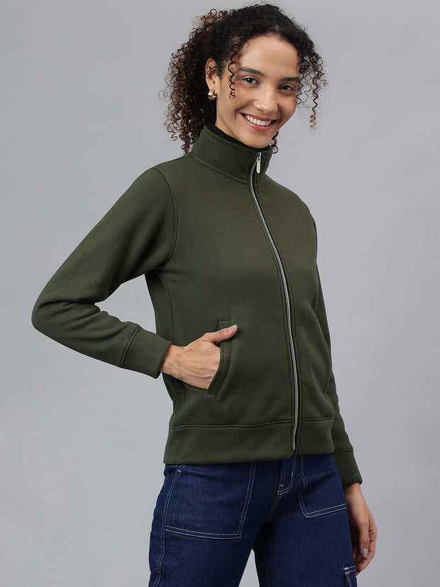 Richlook Women Olive Full Zipper Sweatshirt