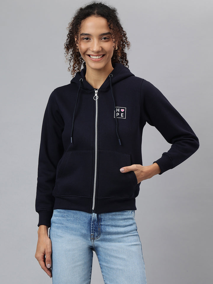 Richlook Women Navy Full Zipper Hoodie