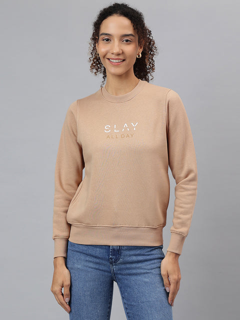 Richlook Women Beige Crew Neck Sweatshirt