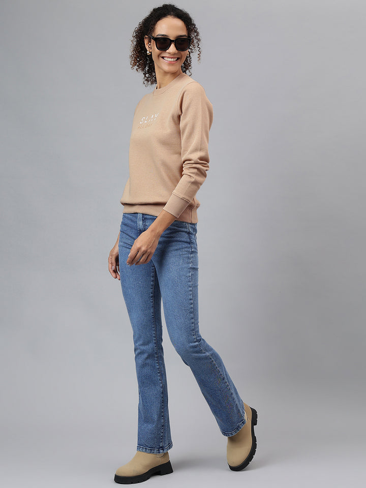 Richlook Women Beige Crew Neck Sweatshirt