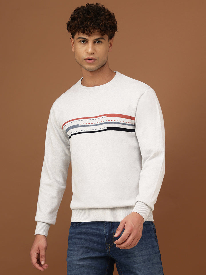 Richlook Men Oatmeal Crew Neck Knit Sweater