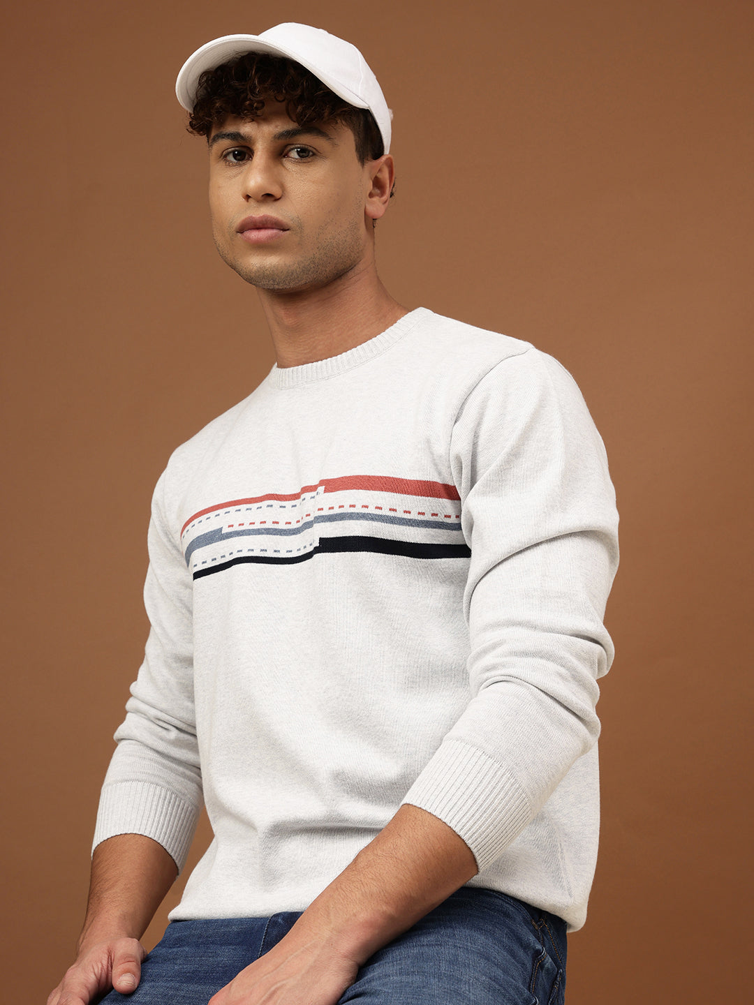 Richlook Men Oatmeal Crew Neck Knit Sweater