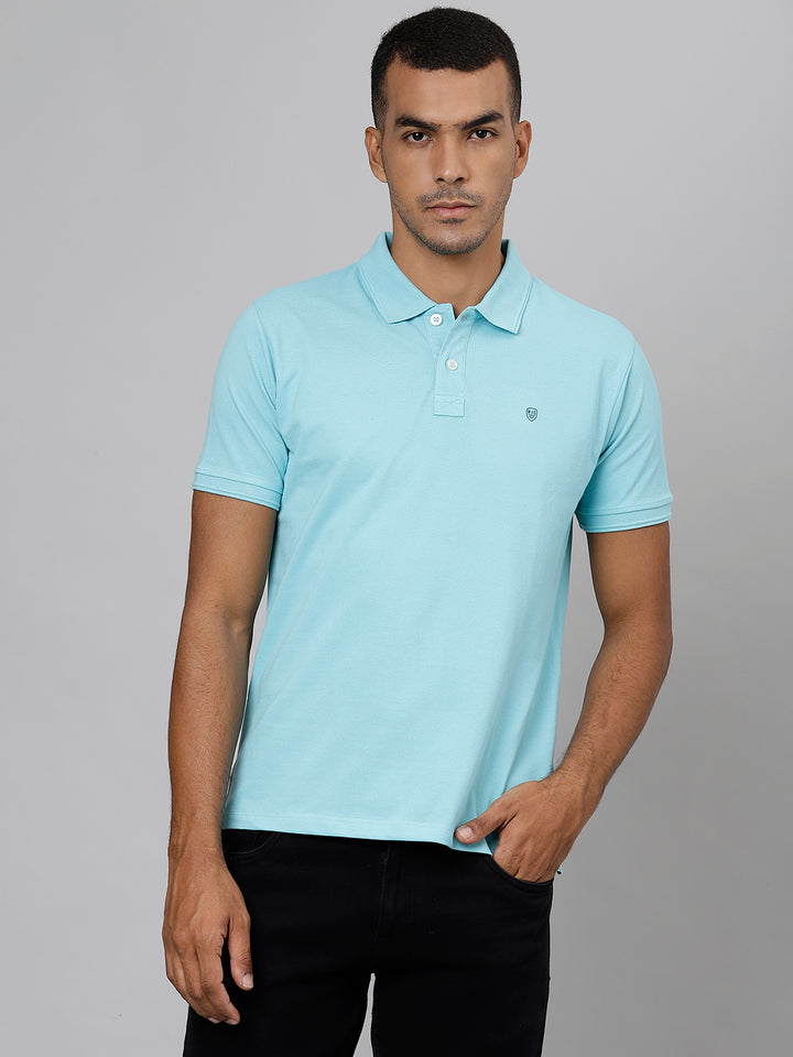 Men Sea Blue Regular Fit Solid Polo Neck T-Shirt