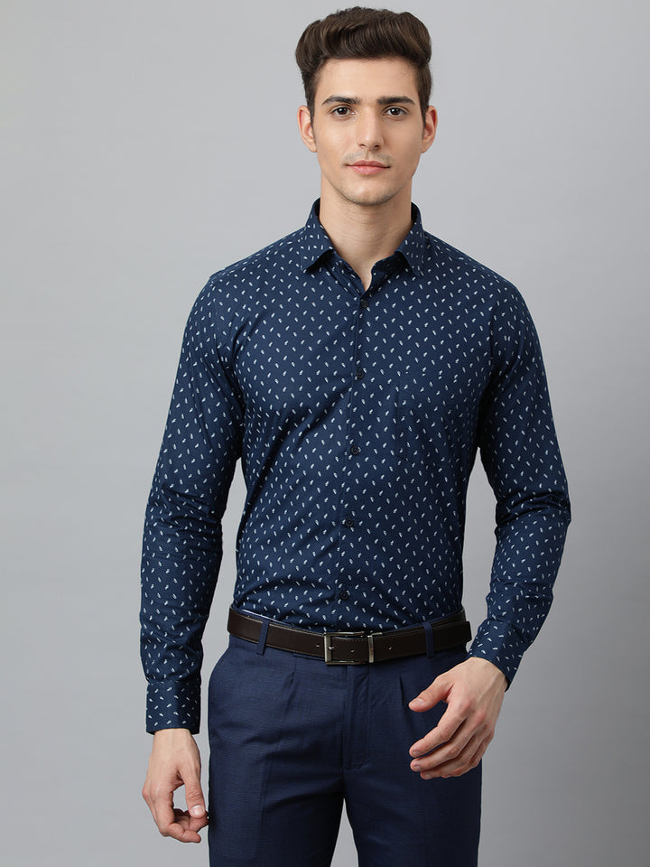 Men Navy Slim Fit Printed Club Wear Shirt