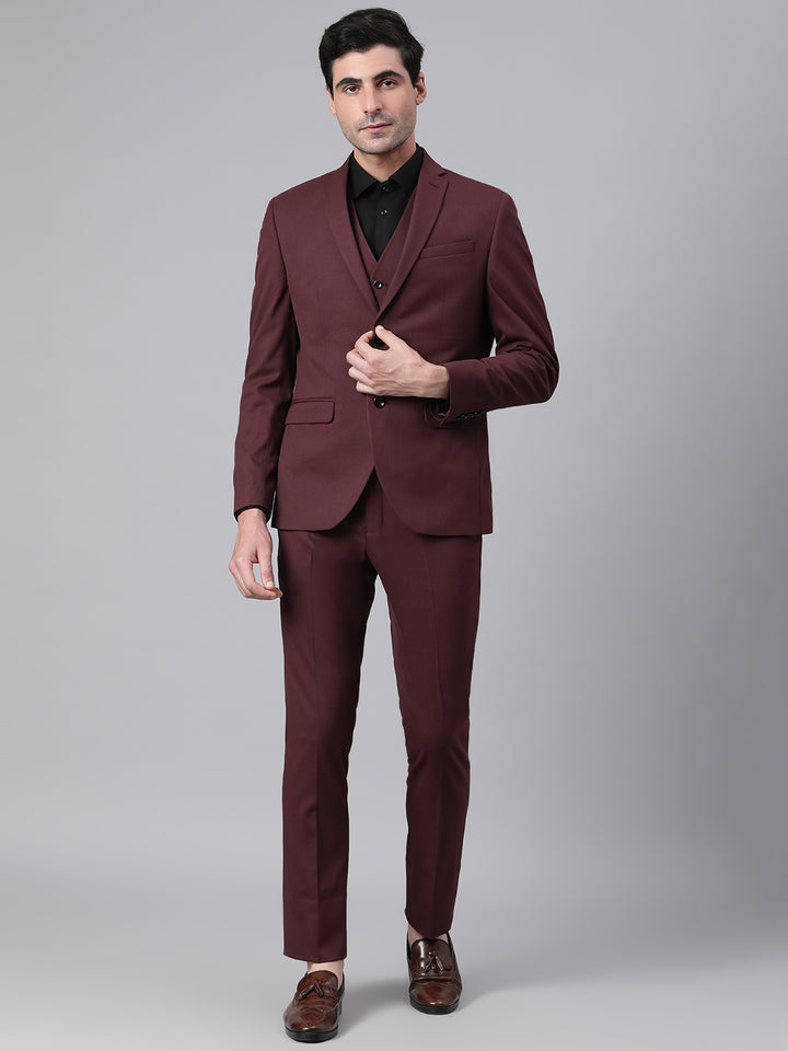 Men Wine 3 Piece Solid Formal Suit