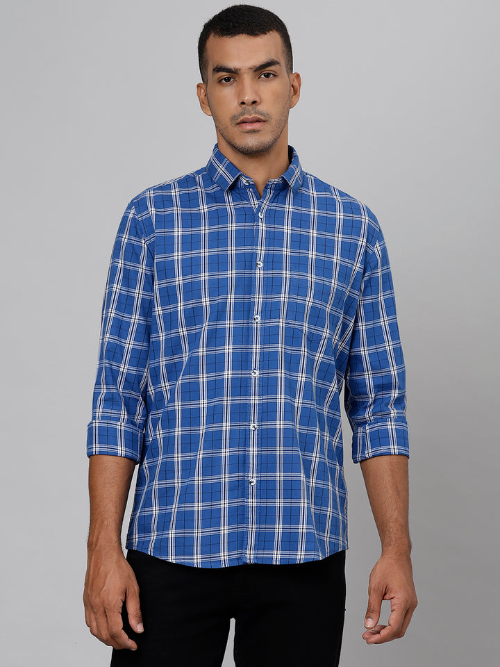 Men Blue Slim Fit Checkered Casual Shirt