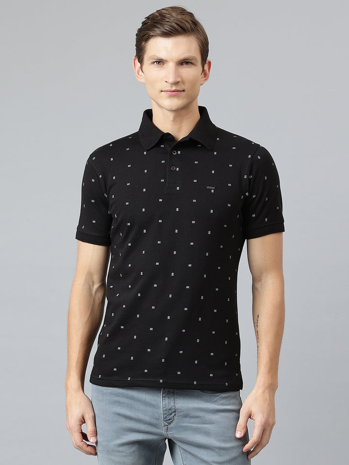 Men Black Regular Fit Printed Polo Neck T-Shirt