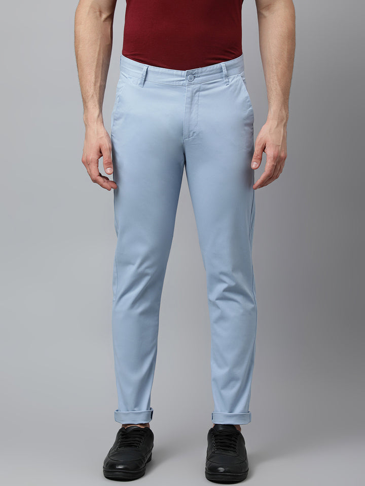 Men Light Blue  Slim Fit Mid Rise Solid Casual Trouser