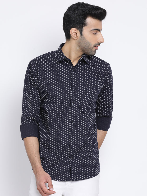 Men Navy Slim Fit Print Club Wear Shirt