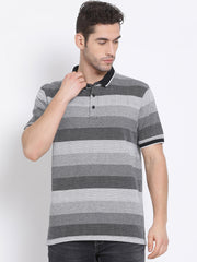 Men Black White Regular Fit Striped Polo Neck T-Shirt