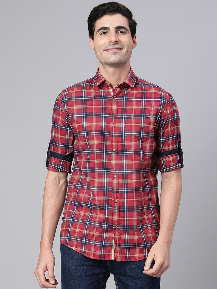 Men Red Slim Fit Checkered Casual Shirt