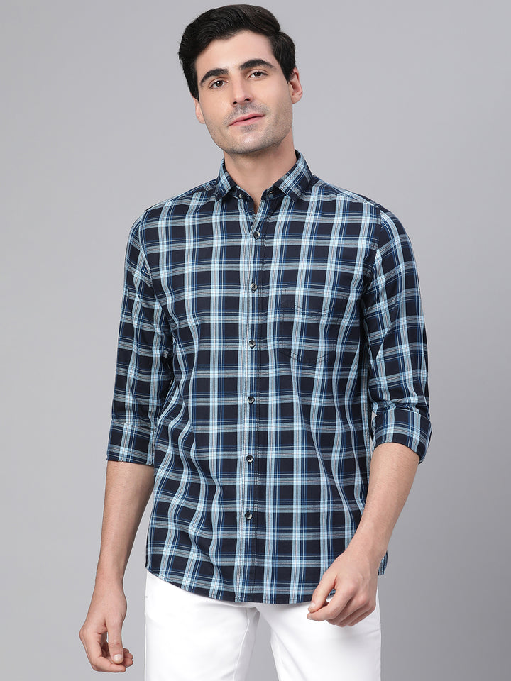 Men Navy Slim Fit Checkered Casual Shirt