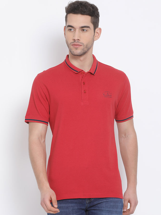 Men Red Regular Fit Solid Polo Neck T-Shirt