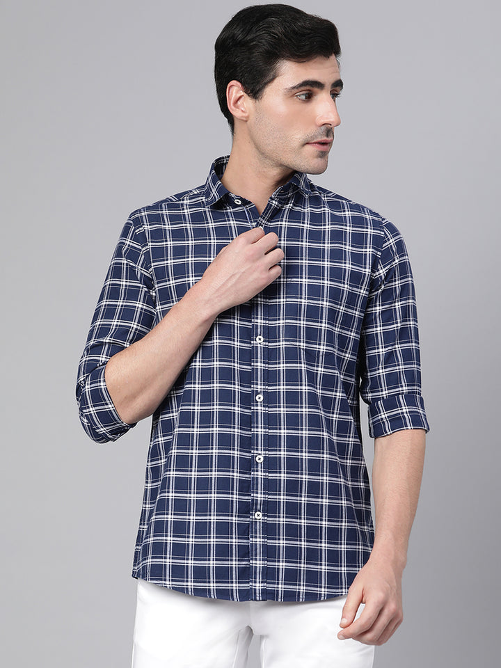 Men Navy Slim Fit Checkered Casual Shirt