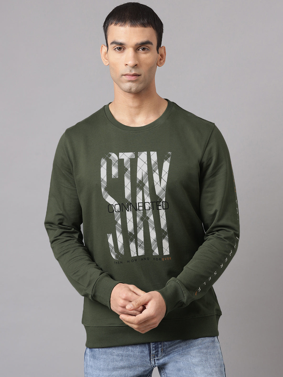 Men Olive Regular Fit Crew Neck Sweat Shirt