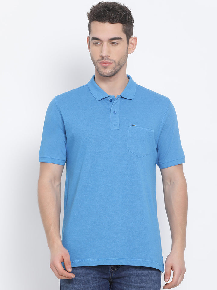 Men Turq Blue Regular Fit Solid Polo Neck T-Shirt