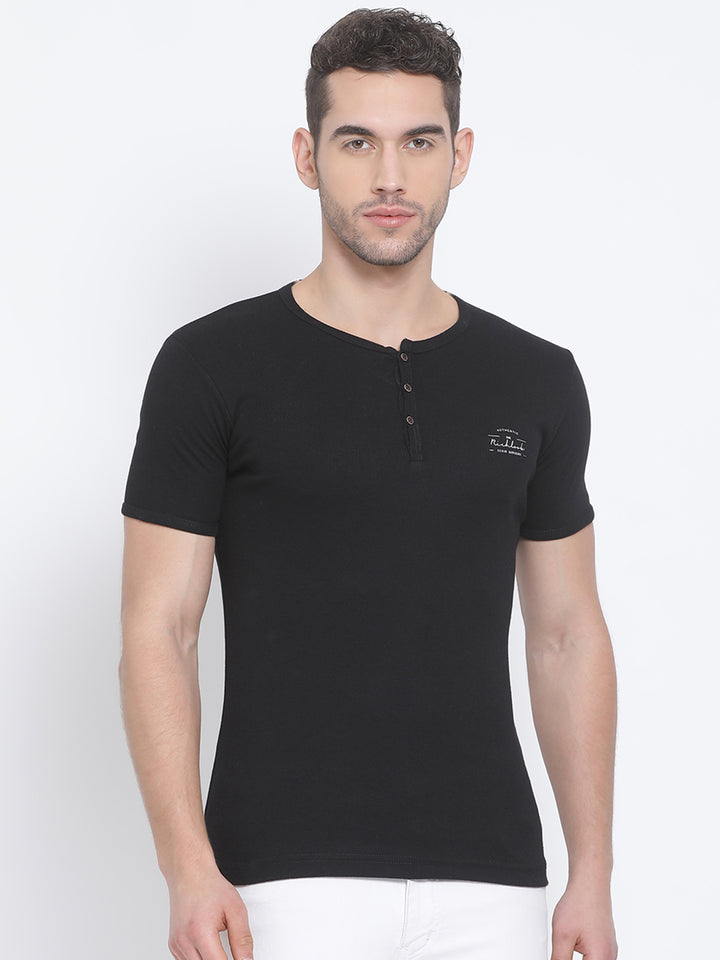 Men Black Regular Fit Solid Henley Neck T-Shirt