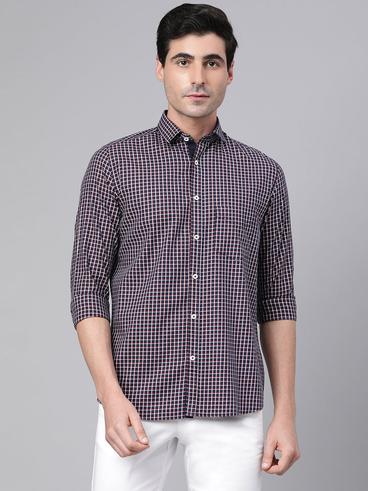 Men Navy Slim Fit Checkered Casual Shirt