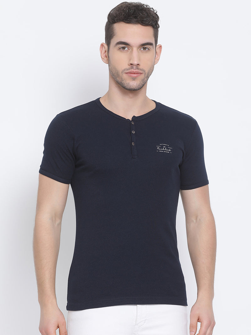 Men Navy Regular Fit Solid Henley Neck T-Shirt