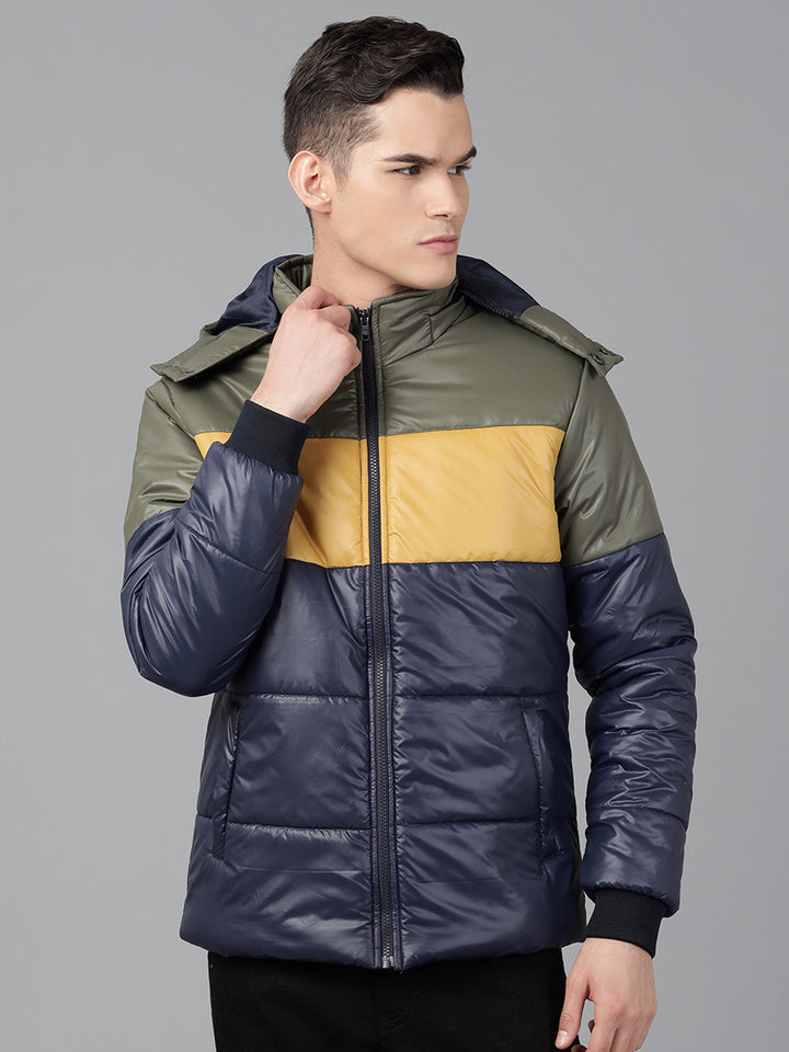 Men Navy Regular Fit Puffer Color Blocked Hooded Jacket