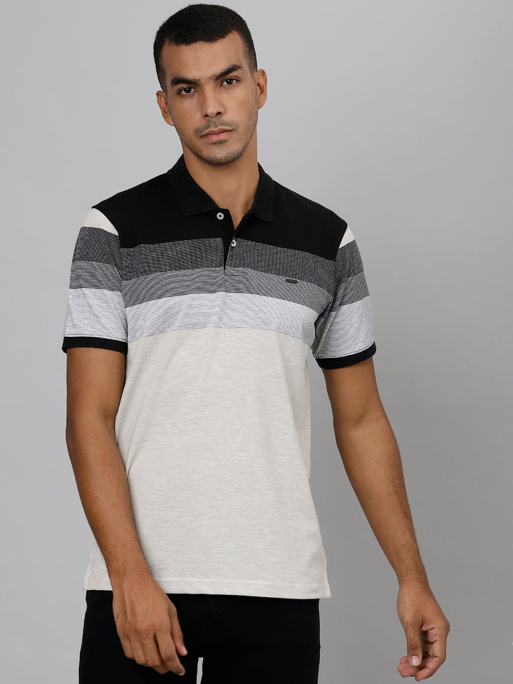 Men Ecru Regular Fit Striped Polo Neck T-Shirt