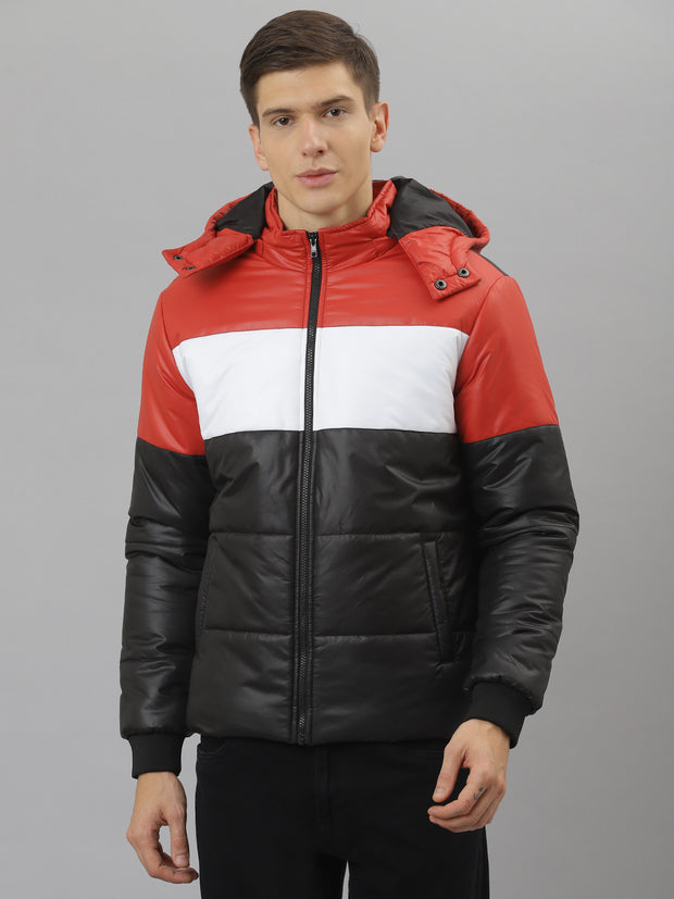 Men Black Regular Fit Puffer Color Blocked Hooded Jacket