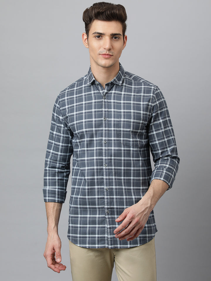 Men Grey Slim Fit Checkered Casual Shirt