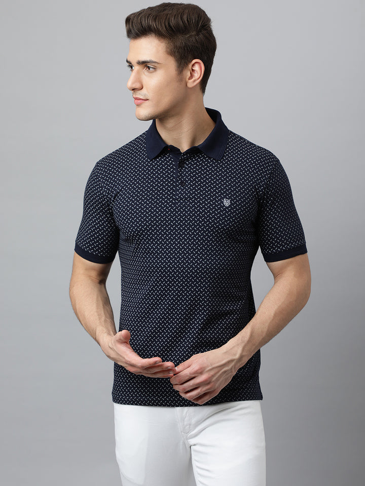 Men Navy Regular Fit Printed Polo Neck T-Shirt