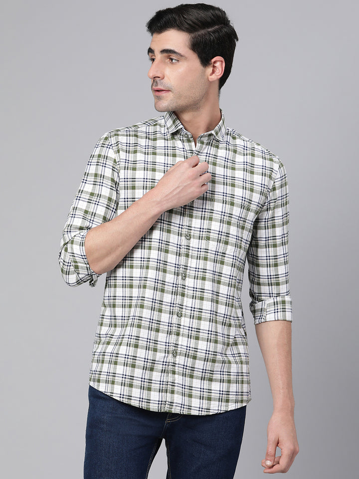 Men Olive Slim Fit Checkered Casual Shirt