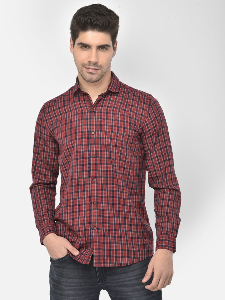 Men Red Slim Fit Checkered Casual Shirt