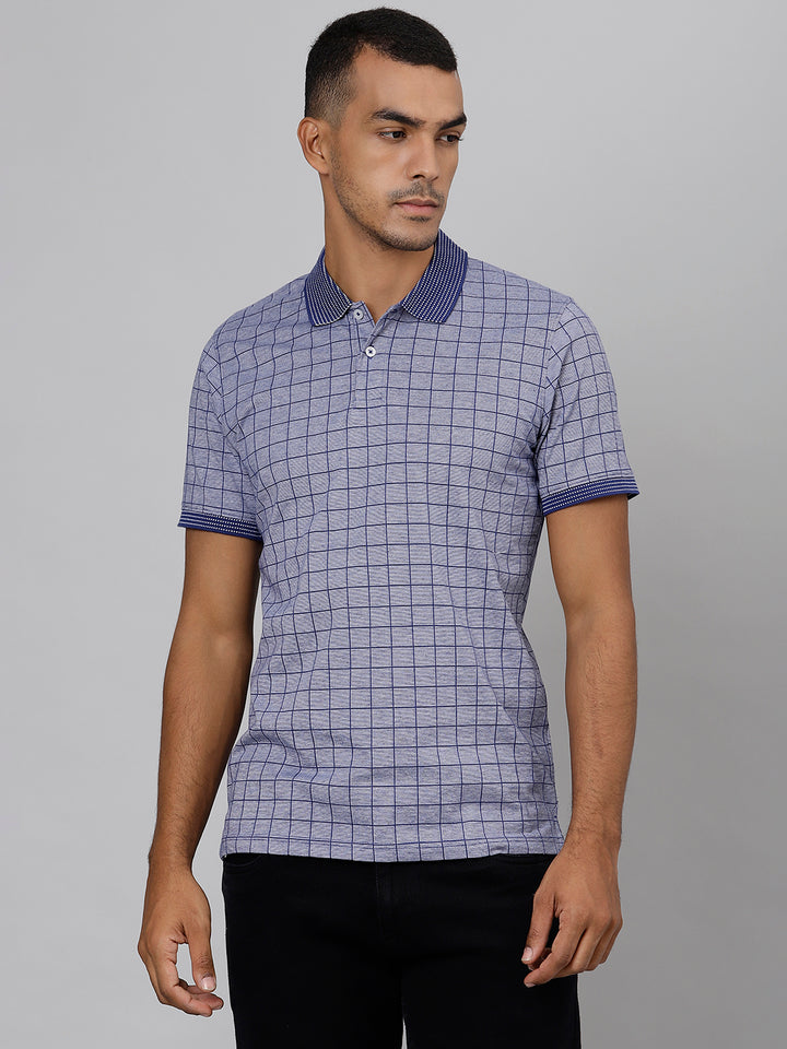 Men Blue Grey Regular Fit Checkered Polo Neck T-Shirt