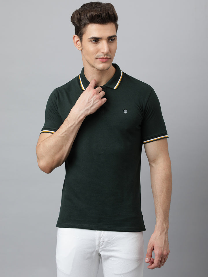 Men Forest Green Regular Fit Solid Polo Neck T-Shirt