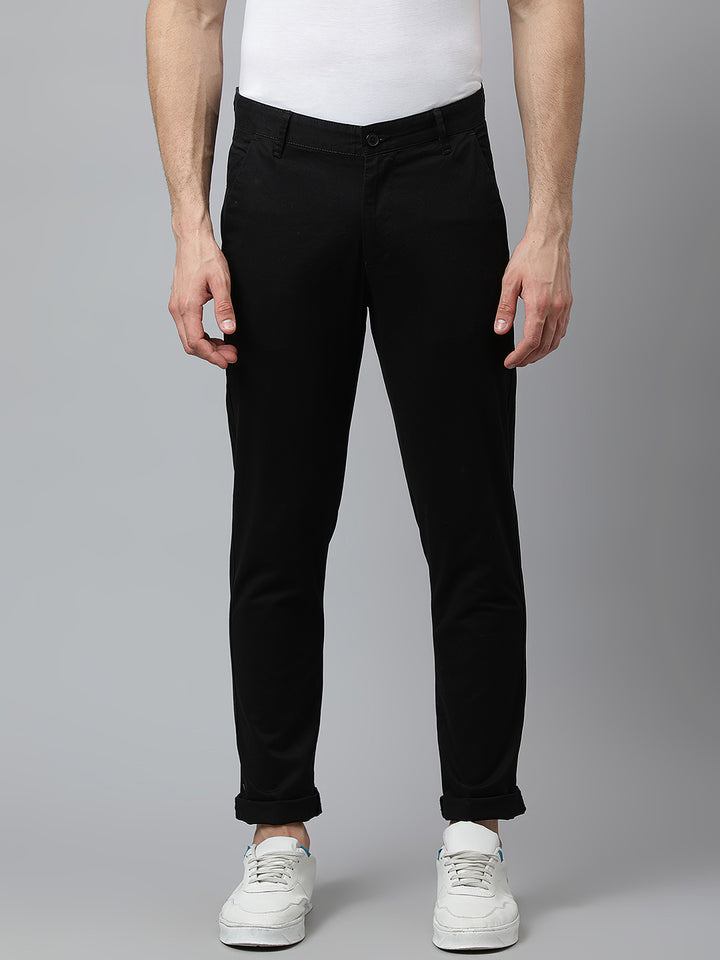 Men Black Slim Fit Mid Rise Solid Casual Trouser