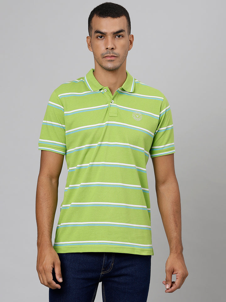 Men Green White Regular Fit Striped Polo Neck T-Shirt