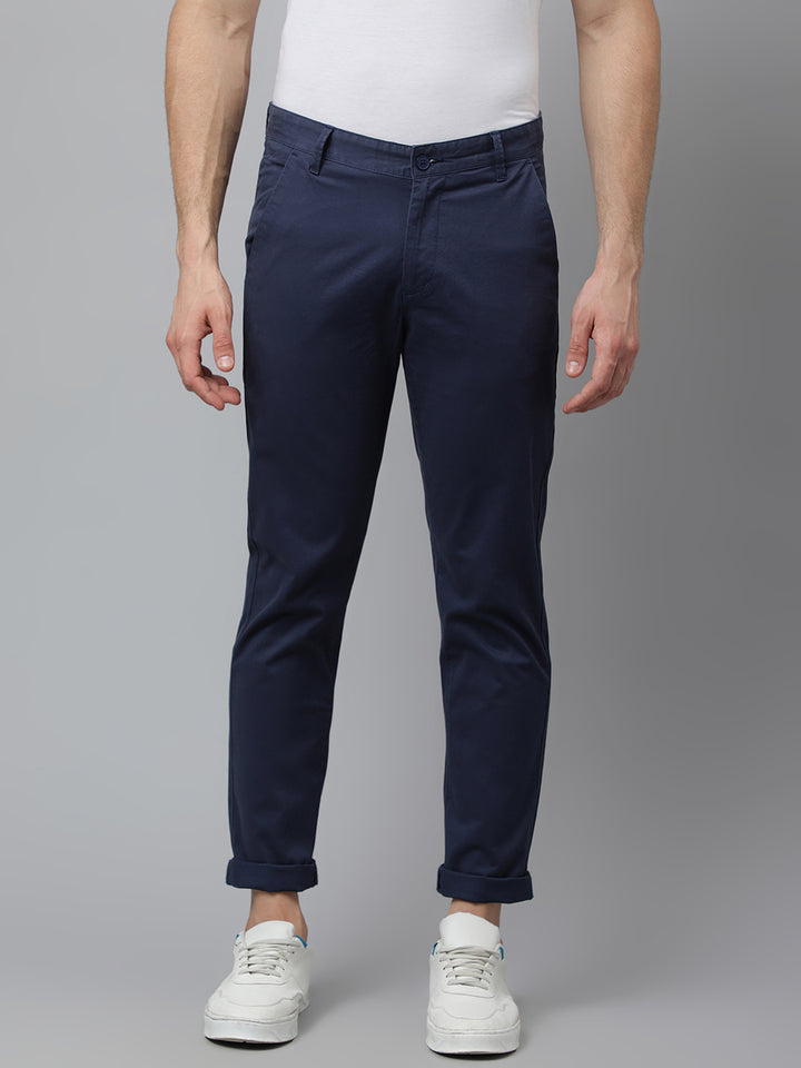 Men Navy Slim Fit Mid Rise Solid Casual Trouser