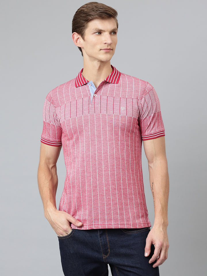 Men Red Regular Fit Striped Polo Neck T-Shirt