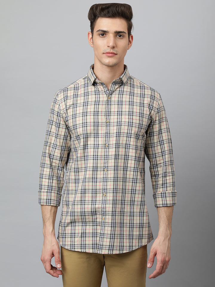 Men Pal Cream  Slim Fit Checkered Casual Shirt