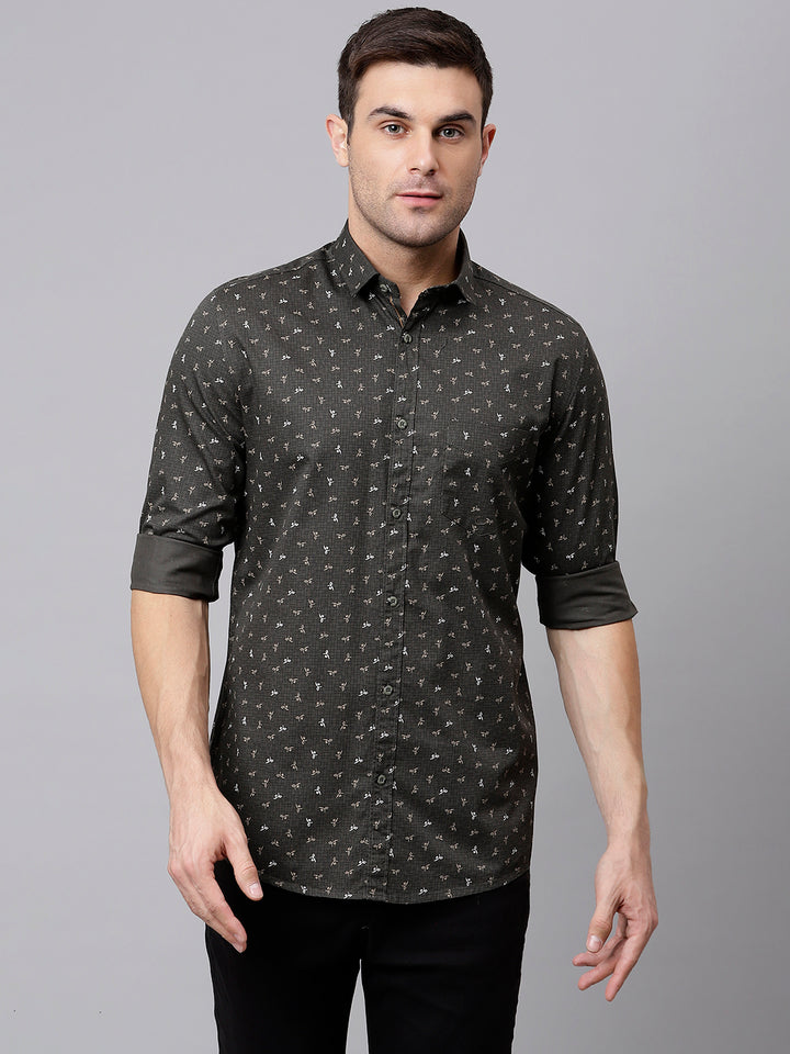 Men Olive Slim Fit Printed Casual Shirt