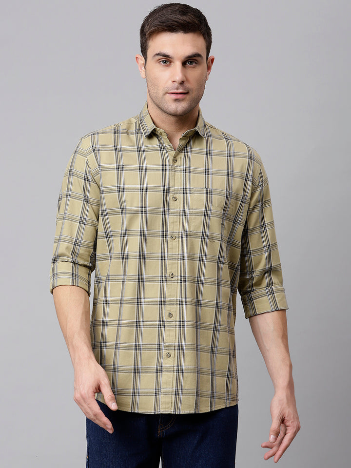 Men Light Khaki  Slim Fit Checkered Casual Shirt