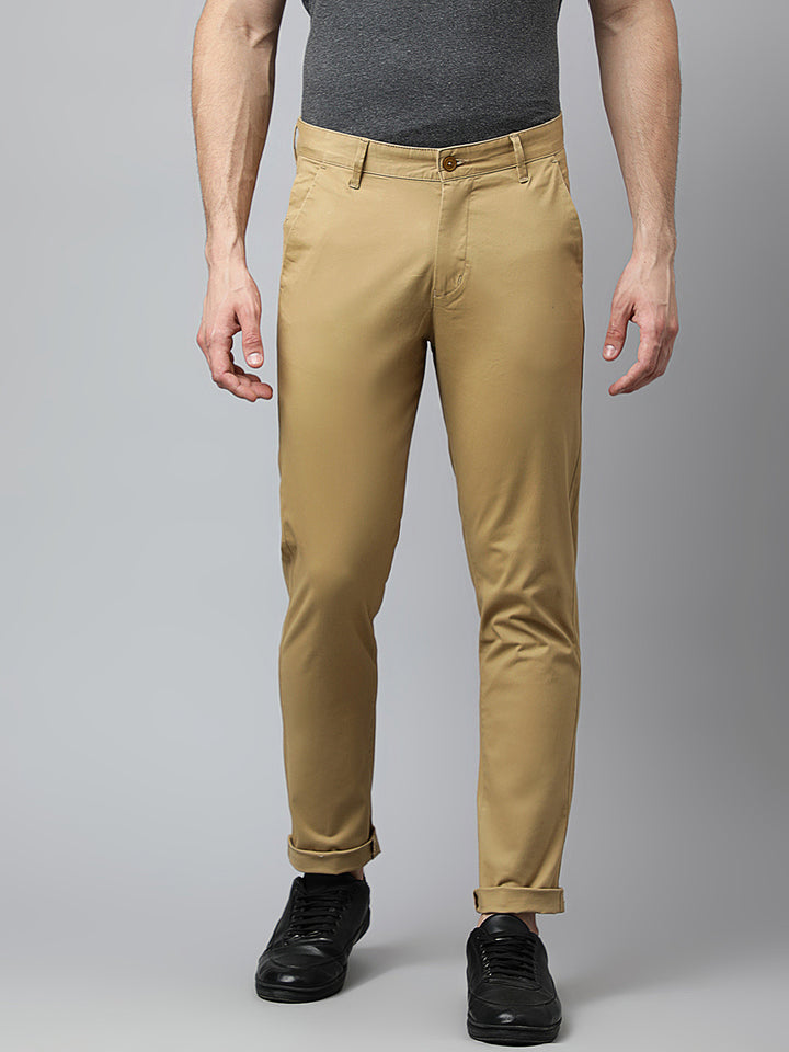 Men Khaki Slim Fit Mid Rise Solid Casual Trouser