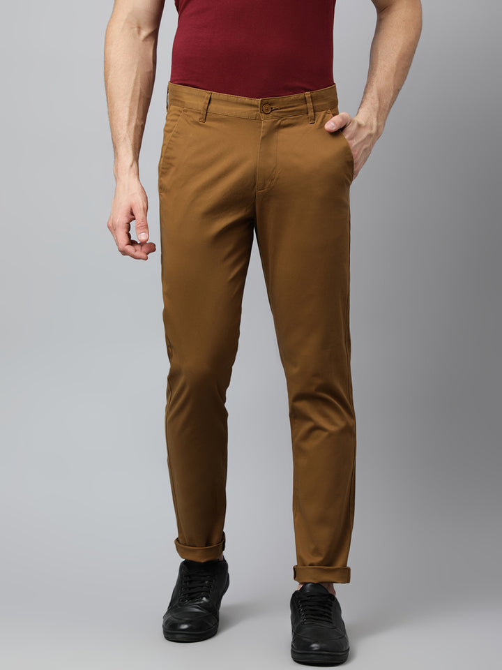 Men Dark Khaki  Slim Fit Mid Rise Solid Casual Trouser