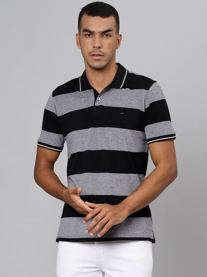 Men Grey Jet Black Regular Fit Striped Polo Neck T-Shirt